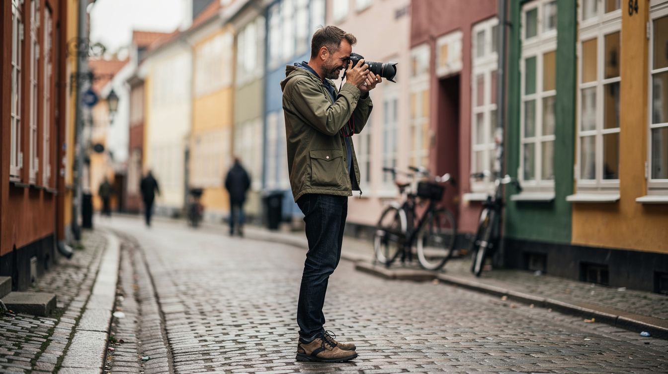 Documentary photographer holding a camera outdoors in a Danish town